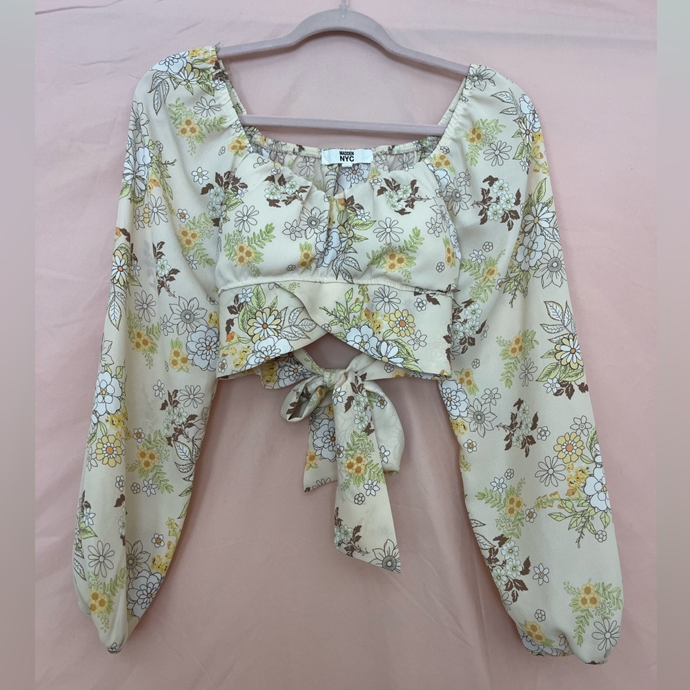 Tan Floral Long Sleeve Cropped Bustier Top